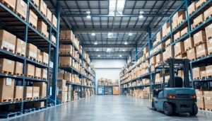 Engaging view of a warehousing operation featuring organized storage and active forklift.