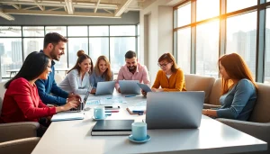 Generate targeted strategies with the team using https://press.farm in a bright office meeting.