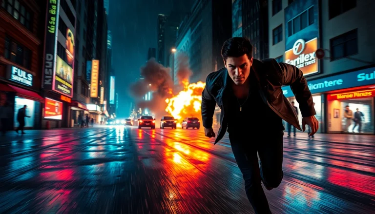 Heroic figure in an action thriller scene, racing through a neon-lit cityscape under rain.