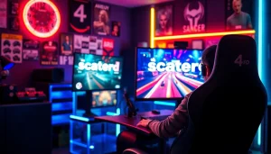 Menampilkan pengalaman bermain scater4d game di meja gaming modern dengan pencahayaan LED warna-warni.