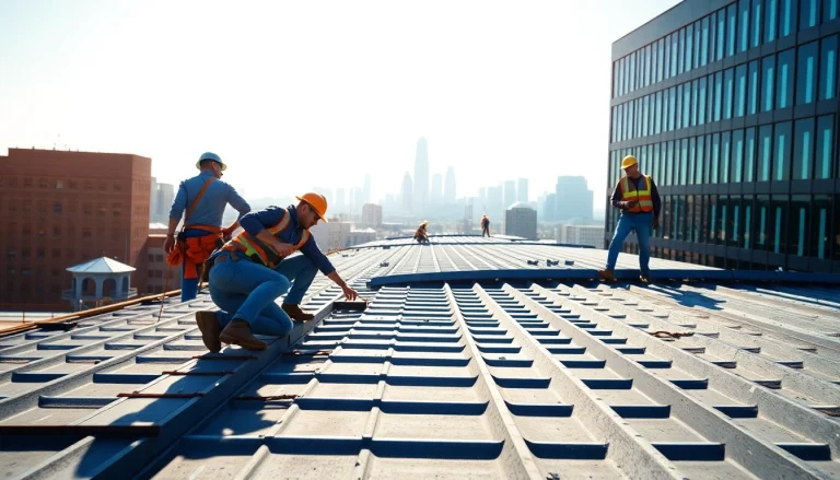 Engaged roofers performing commercial roofing services on a large business building.