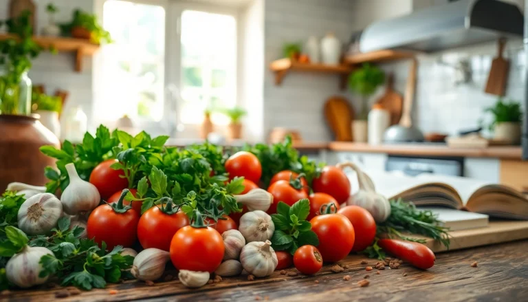 Explore recipesalexarciab.com with vibrant ingredients beautifully arranged in a professional kitchen.