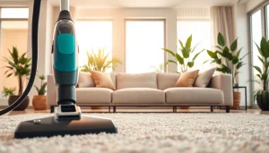 Sofa cleaning Dubai in a stylish living room with bright ambiance and professional cleaning tools.