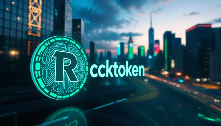 Engaging design showcasing Rocktoken.com logo in a vibrant digital cityscape.