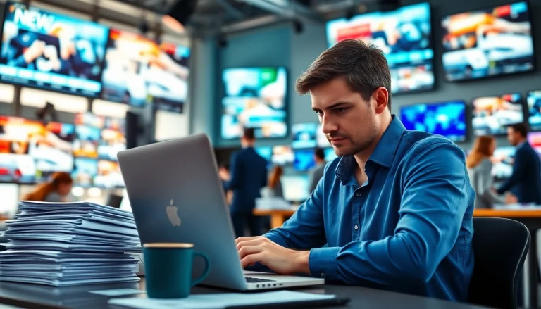 Engaged journalist crafting stories for regionalmedianews.com in a busy newsroom.
