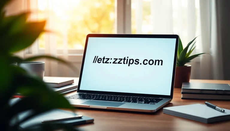 Engaging workspace featuring the website https://eztips.com on a laptop screen among stationery.