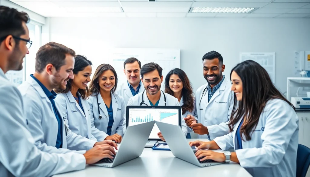 Engaged researchers collaborating on the ADAPTABLE Aspirin Study in a bright modern lab.