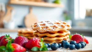 Geniet van wafel katoen met verse vruchten en een poedersuiker afwerking.