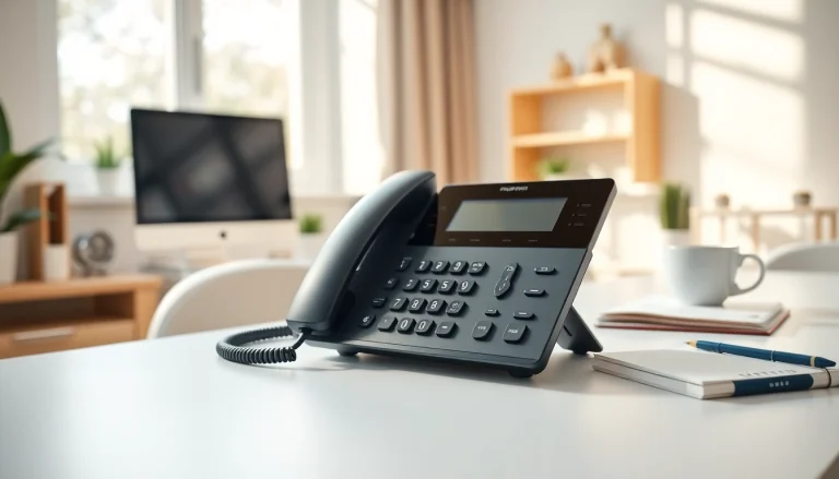 Enhance your home communication with a professional VoIP phone on a stylish desk.