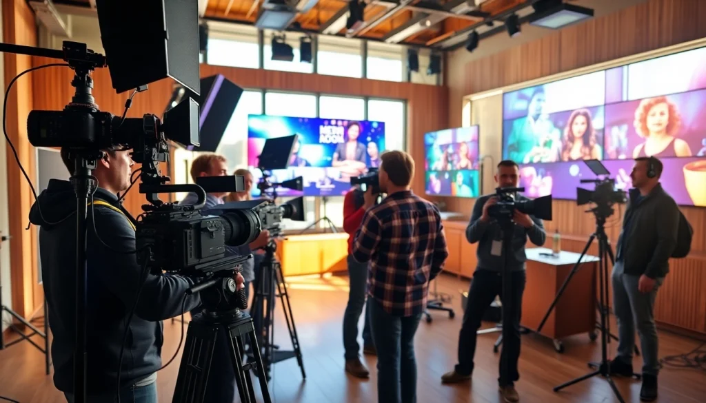 Filmmakers collaborating in a professional video production studio with advanced equipment.