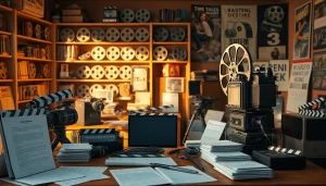 Engaging scene depicting filmmakers’ workspace with https://bandarlayarkaca21.com props and vintage equipment.