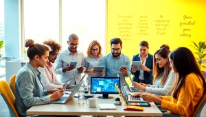 Boost social media engagement with professionals collaborating around technology in a vibrant office setting.