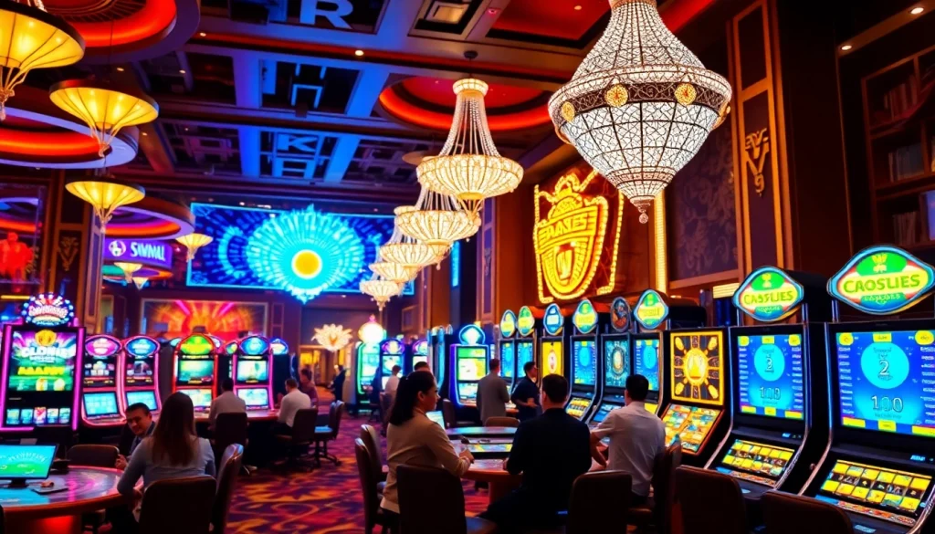 คาสิโนที่มีผู้เล่นสนุกสนานในบรรยากาศที่เต็มไปด้วยแสงสี