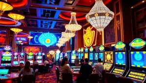 คาสิโนที่มีผู้เล่นสนุกสนานในบรรยากาศที่เต็มไปด้วยแสงสี