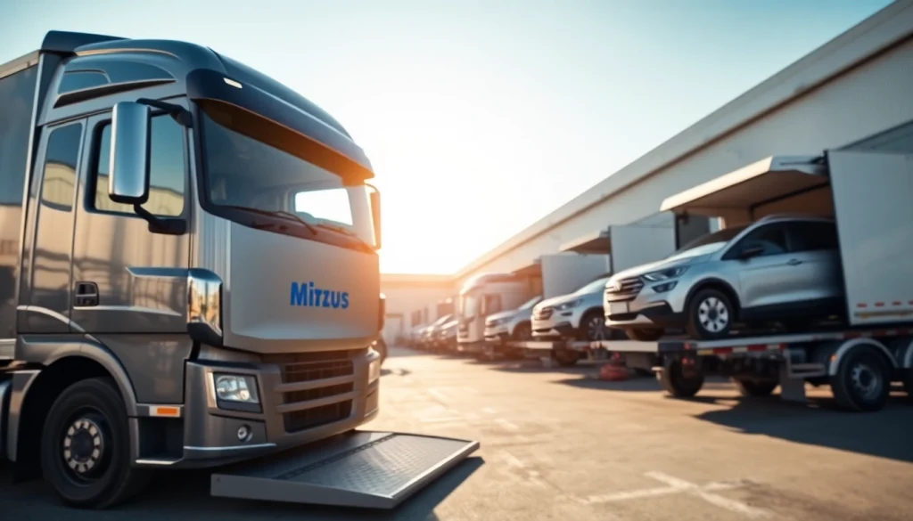 Showcase car transport service with modern trucks efficiently loading vehicles in a professional setting.