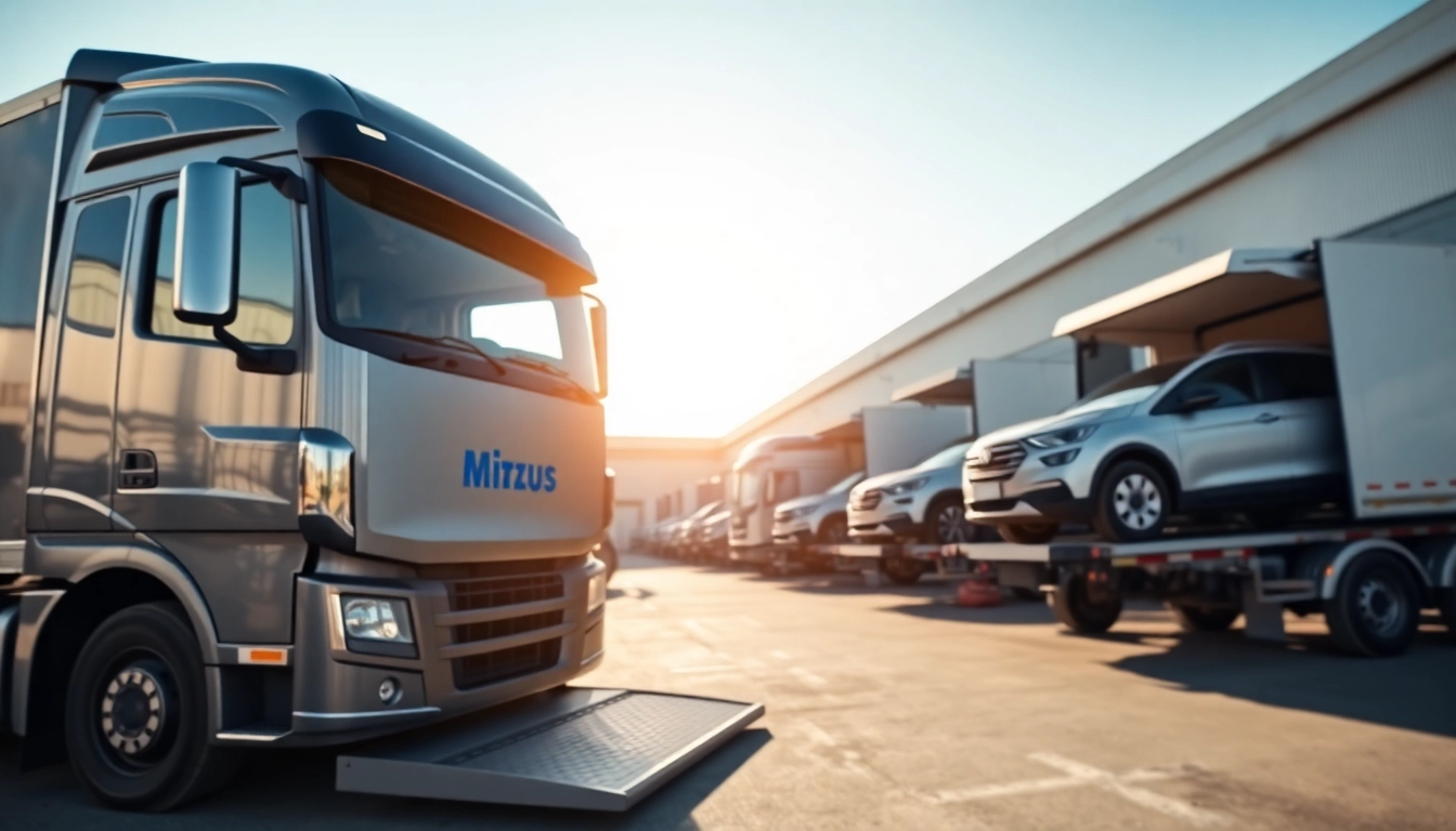 Showcase car transport service with modern trucks efficiently loading vehicles in a professional setting.