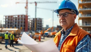 A dedicated New Jersey Construction Manager supervises activity on a bustling construction site.