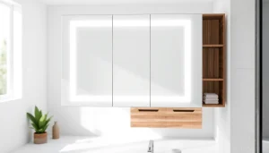 Präsentation eines spiegelschrank mit led Beleuchtung im modernen Badezimmer mit hellem Design.