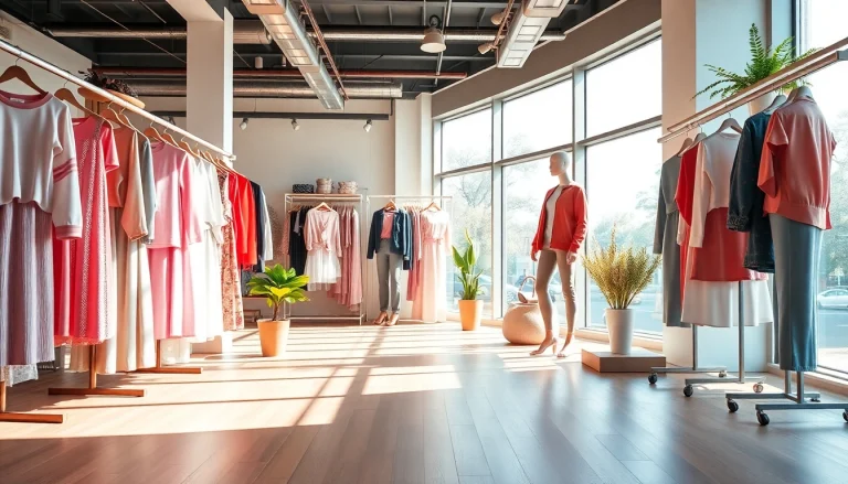 Inviting clothing store with vibrant displays showcasing stylish outfits and chic decor.