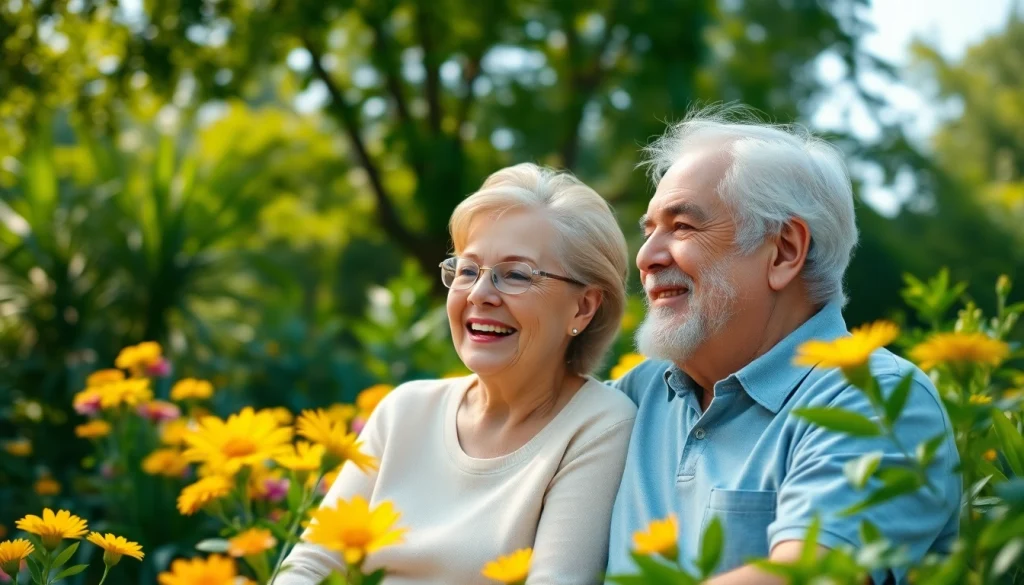 Elderly couple smiling in their garden, capturing the essence of enjoyment found at https://frontidas.com.