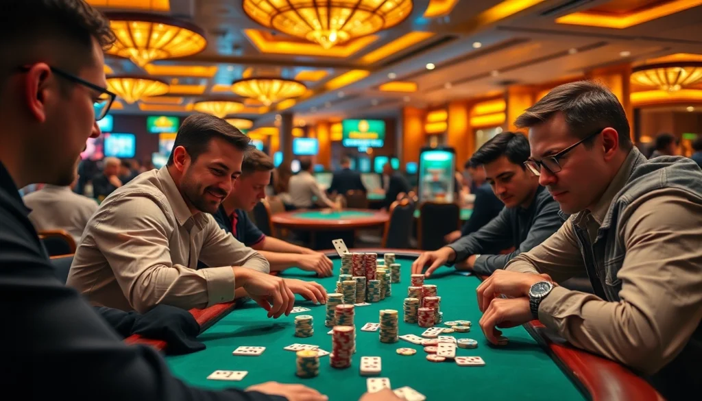 Play domino88 login poker game with enthusiastic players at a lively casino table.