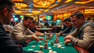 Play domino88 login poker game with enthusiastic players at a lively casino table.