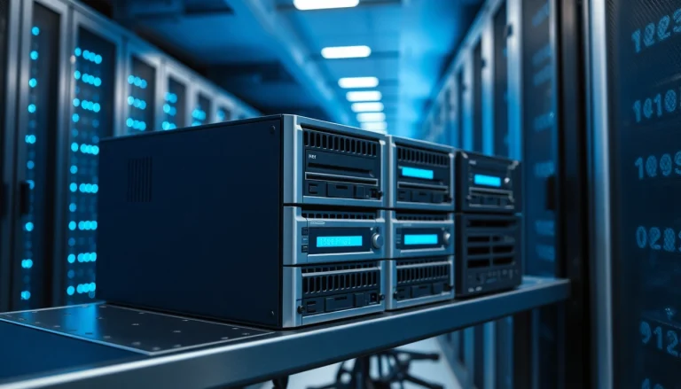 Showcase NAS & SAN Storage Deployment in professional data center with illuminated technology.