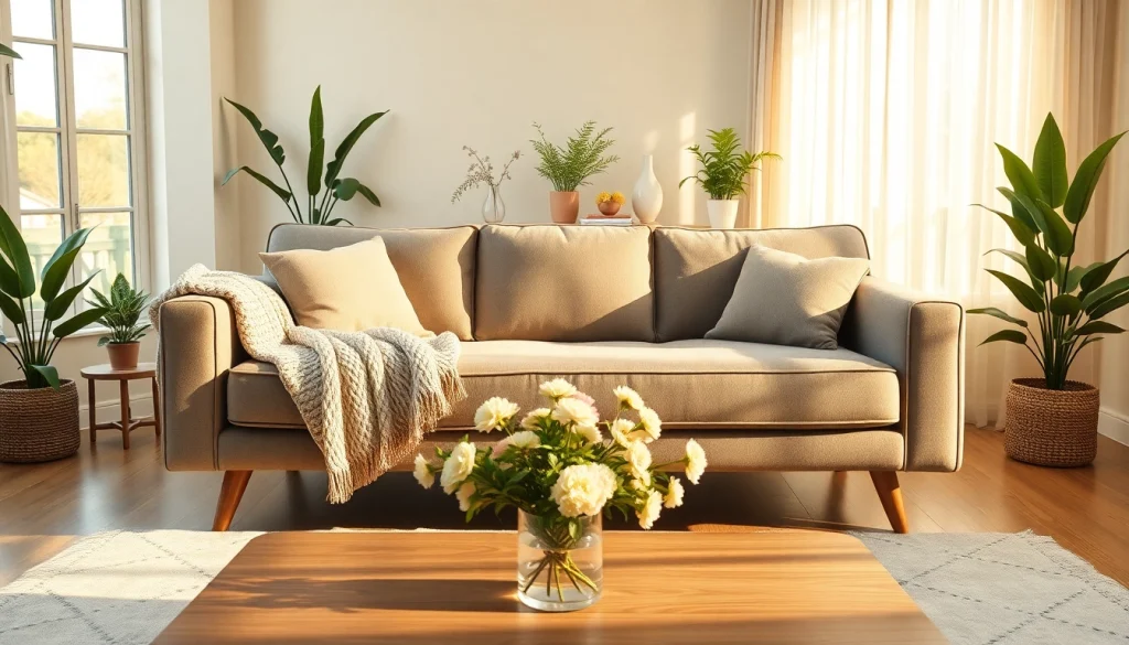 Sofa bed positioned centrally in a cozy living room, adorned with plush pillows.