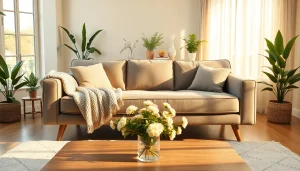 Sofa bed positioned centrally in a cozy living room, adorned with plush pillows.