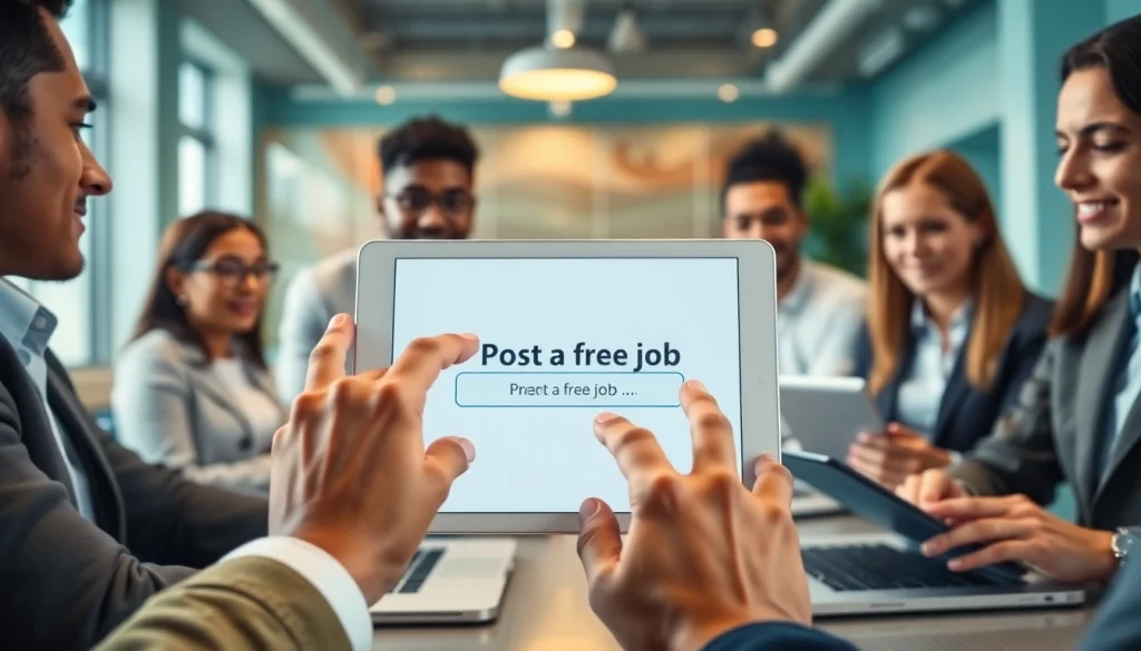 Engaging users posting a free job post on digital platforms in a collaborative office setting.