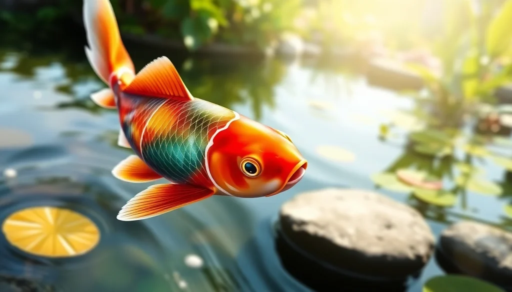 Menampilkan koi800, ikan koi berwarna cerah di kolam yang tenang.