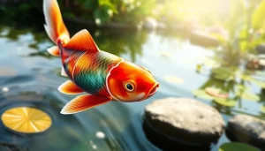 Menampilkan koi800, ikan koi berwarna cerah di kolam yang tenang.