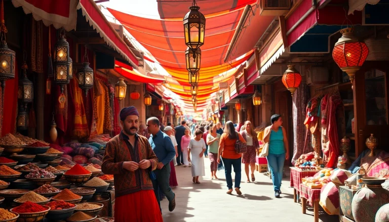 Visit Morocco to experience a vibrant bazaar filled with colorful textiles and spices.