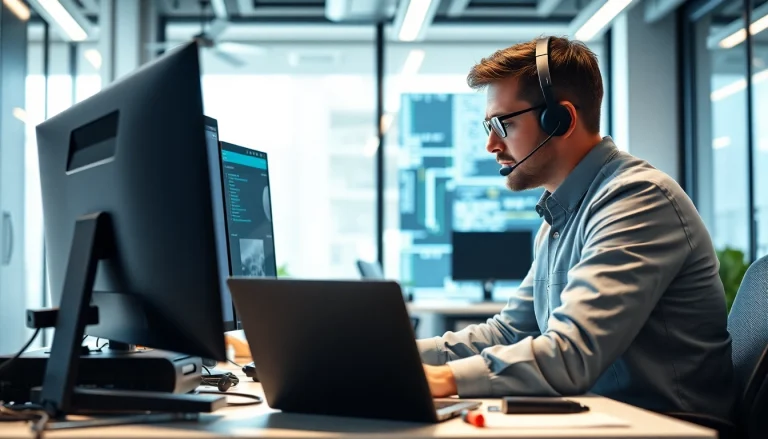 Providing computer it support with expert technician in modern office setting.