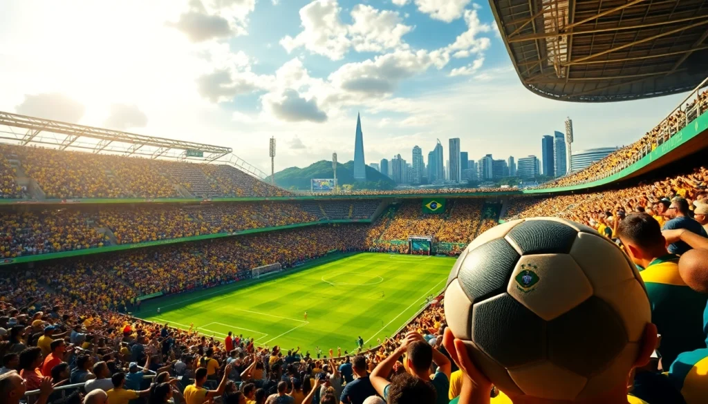 Exciting sports betting in Brazil captured within a vibrant stadium filled with enthusiastic fans.