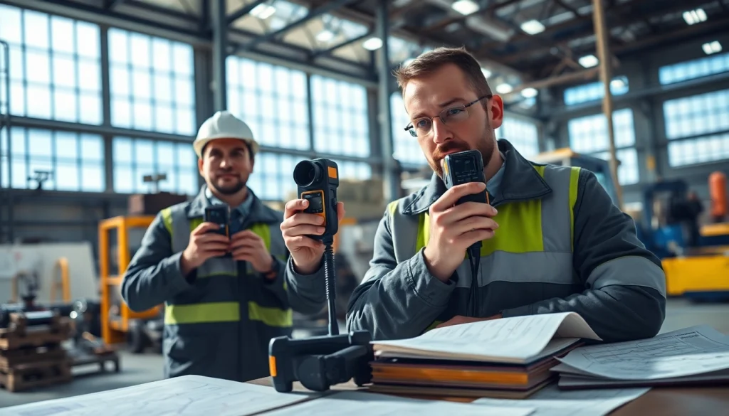 Conducting a noise assessment survey with professionals measuring sound levels in an industrial environment.