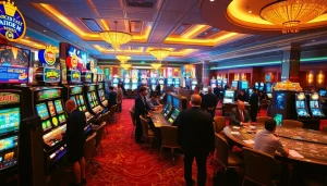 คาสิโนที่เต็มไปด้วยความตื่นเต้นและกิจกรรมคาสิโนที่มีผู้คนบันเทิงอยู่