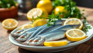 Disfruta omega 3 sardianas frescas en un plato decorado con limón y hierbas.