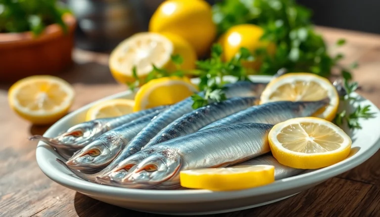 Disfruta omega 3 sardianas frescas en un plato decorado con limón y hierbas.