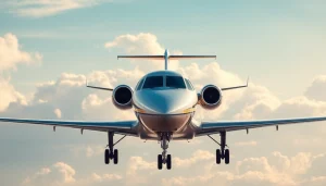 Book your private flight experience at https://flymarquis.com with a stunning private jet soaring through a blue sky.