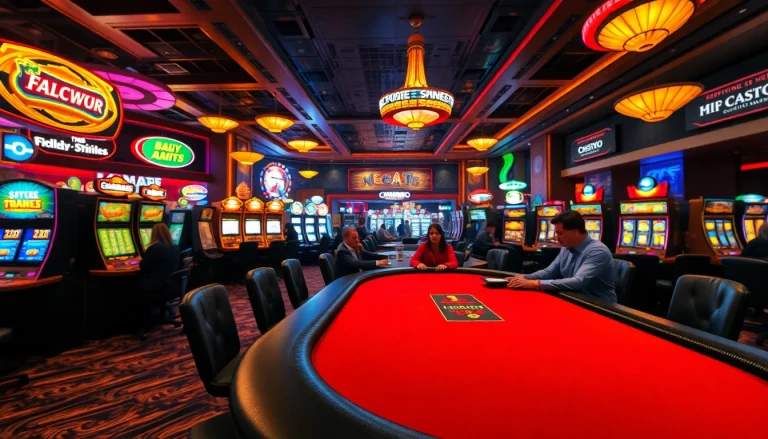 Kasinojitu menampilkan suasana kasino yang mewah dengan meja permainan yang semarak.