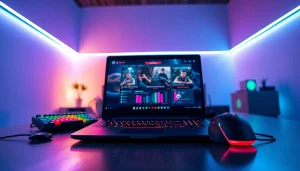 Sayaptogel: Menampilkan setup permainan modern dengan laptop dan aksesori gaming.