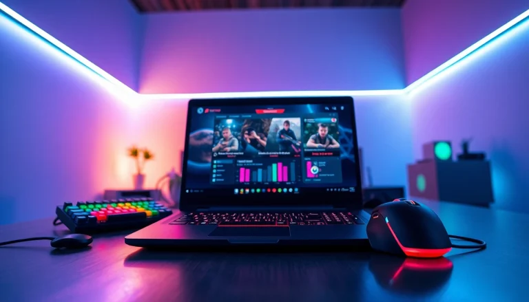 Sayaptogel: Menampilkan setup permainan modern dengan laptop dan aksesori gaming.