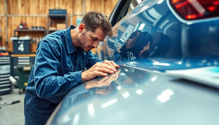 Fachmann bei karosseriearbeiten berlin repariert ein Auto in einer modernen Werkstatt.