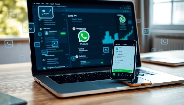 Showcasing the whatsapp api in action on a laptop and smartphone, representing seamless communication.