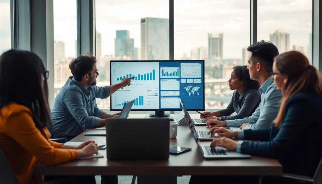 Engaged team conducting Competitor Research with data visualization in a modern office setting.