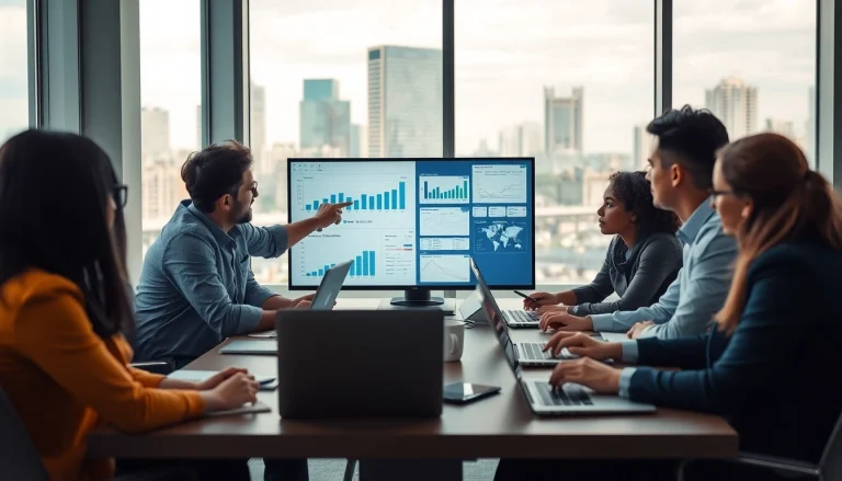 Engaged team conducting Competitor Research with data visualization in a modern office setting.