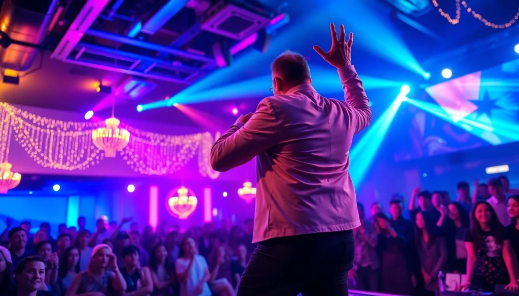 Engaging performance at https://tcspecialentertainment4u.com with vibrant lights and lively audience.