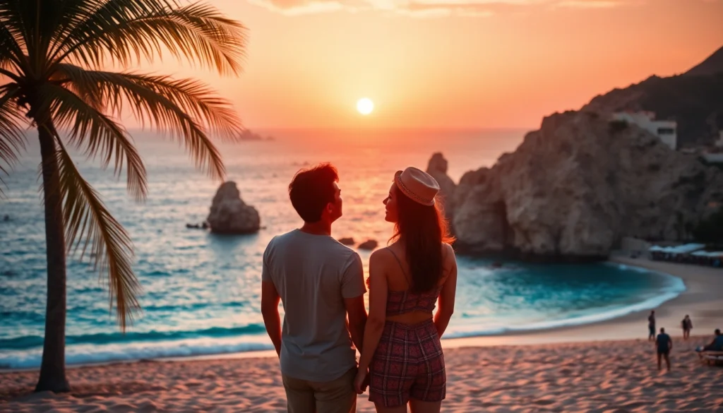 Cabo San Lucas travel couple enjoying a romantic sunset on a tropical beach