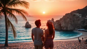 Cabo San Lucas travel couple enjoying a romantic sunset on a tropical beach